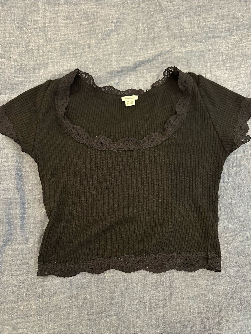 Garage Black Ribbed Lace-Trim Crop Top